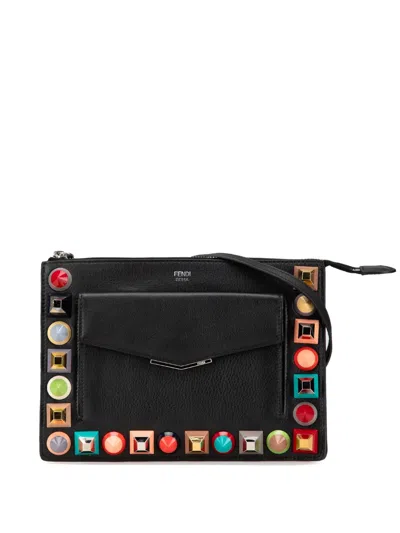 Pre-owned Fendi 2010-2024 Mini 2jours Studded Leather Vitello Dolce Crossbody Bag In Black