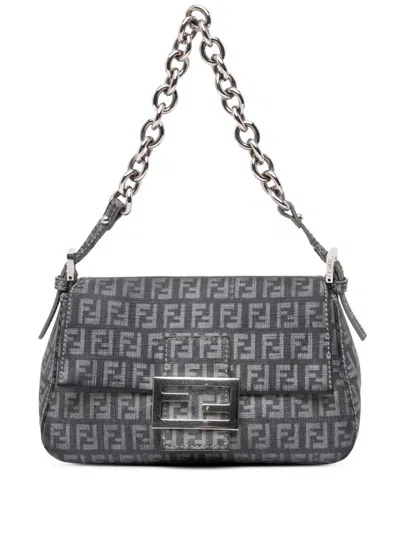Pre-owned Fendi 2010-2024 Mini Zucchino Spalmati Chain Mamma Forever Shoulder Bag In Grey