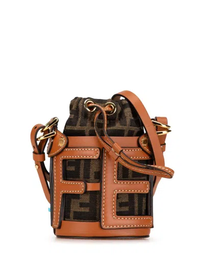 Pre-owned Fendi 2010-2024 Nano Zucca Canvas And Leather Step Out Bag Bucket Bag In Brown