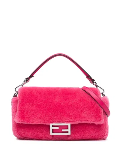 Pre-owned Fendi 2010-2024 Shearling Baguette Satchel In Pink