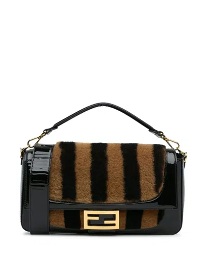 Pre-owned Fendi 2010-2024 Shearling Pequin Baguette Satchel In Black