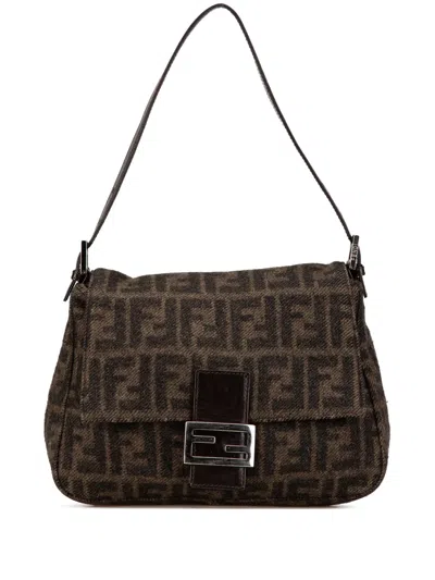 Pre-owned Fendi 2010-2024 Wool Mamma Baguette Shoulder Bag In Brown