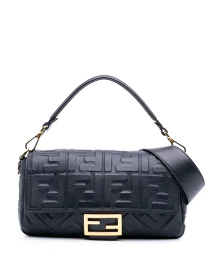 Pre-owned Fendi 2010-2024 Zucca Embossed Leather Baguette Satchel