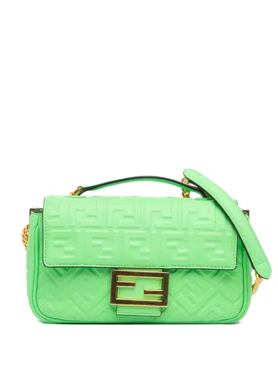 Pre-owned Fendi 2010-2024 Zucca Embossed Leather Chain Midi Baguette Shoulder Bag In Green
