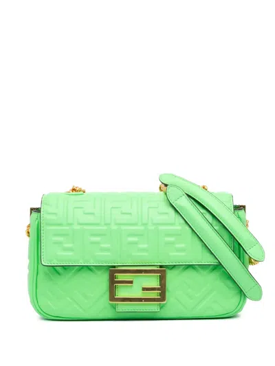 Pre-owned Fendi 2010-2024 Zucca Embossed Leather Chain Midi Baguette Shoulder Bag In Green