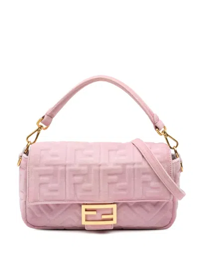 Pre-owned Fendi 2010-2024 Zucca Embossed Velvet Baguette Satchel In Pink