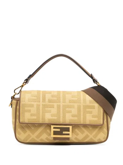 Pre-owned Fendi 2010-2024 Zucca Embroidered Canvas Baguette Satchel In Yellow
