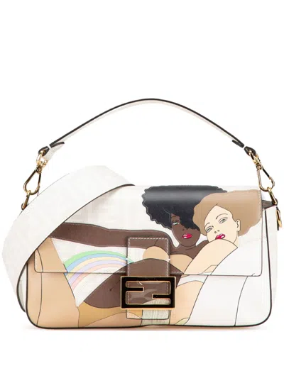 Pre-owned Fendi 2010-2024 Zucca Graphic Print Coated Canvas Bikini Girls Baguette Satchel In White