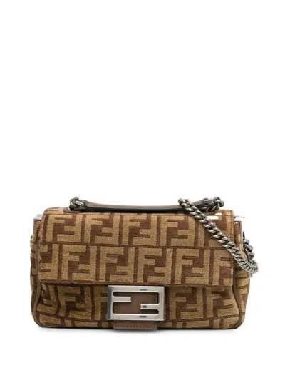 Pre-owned Fendi 2010-2024 Zucca Wool Chain Midi Uette Shoulder Bag In Brown