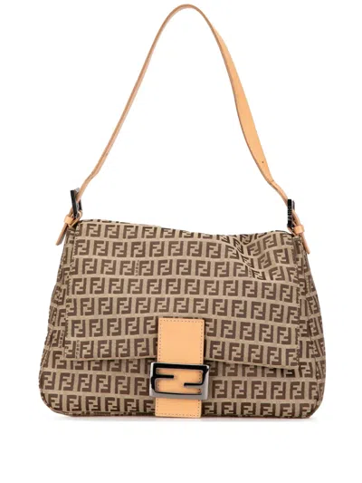 Pre-owned Fendi 2010-2024 Zucchino Canvas Mamma Forever Shoulder Bag In Brown