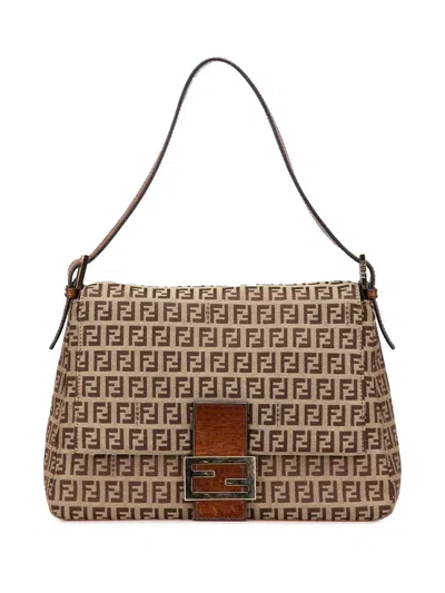 Pre-owned Fendi 2010-2024 Zucchino Canvas Mamma Forever Shoulder Bag In Brown