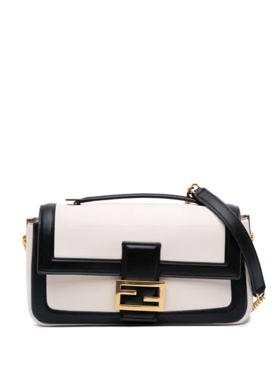 Pre-owned Fendi 2010-2025 Bicolor Leather Chain Midi Baguette Shoulder Bag In Black