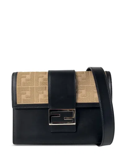 Pre-owned Fendi 2010-2025 Calfskin And Canvas Ff 1974 Flat Baguette Crossbody Bag In Black
