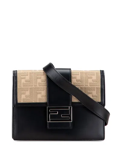 Pre-owned Fendi 2010-2025 Calfskin And Canvas Ff 1974 Flat Baguette Crossbody Bag In Brown