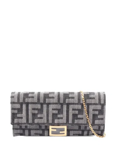Pre-owned Fendi 2010-2025 Denim Effect Ff Jacquard Baguette Continental Wallet With Chain Crossbody Bag In Blue