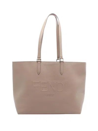 Pre-owned Fendi 2010-2025 Embossed Leather Logo Tote Bag In Brown