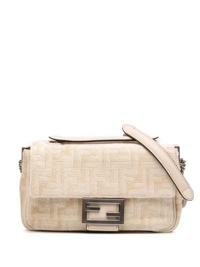 Pre-owned Fendi 2010-2025 Ff Chenille And Leather Chain Midi Baguette Shoulder Bag In Brown
