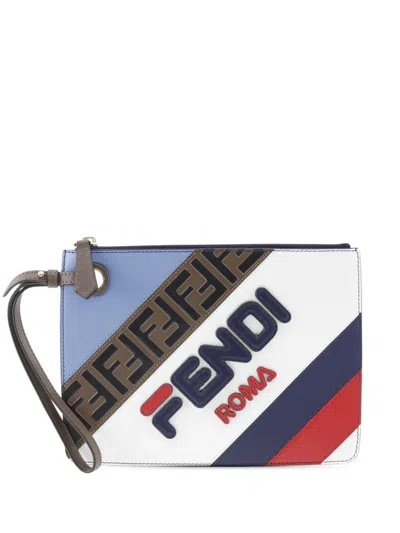 Pre-owned Fendi 2010-2025 Fila Mania Zucca Emboosed Leather Clutch Bag In Blue