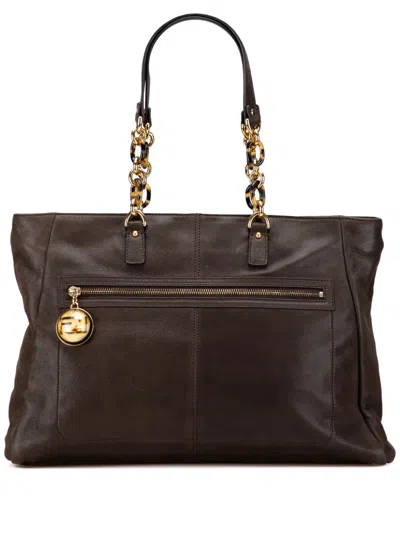 Pre-owned Fendi 2010-2025 Iridescent Leather Chain Tote Bag In Brown