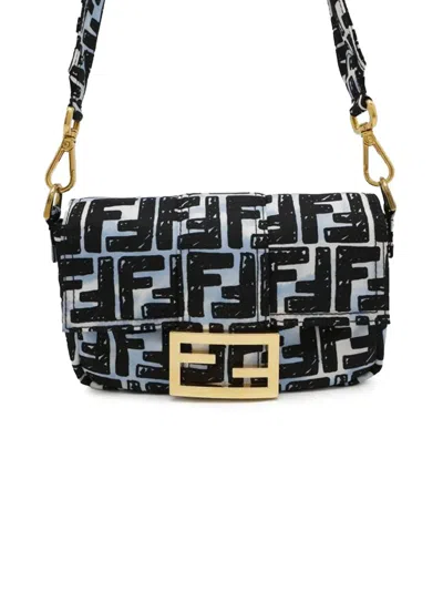 Pre-owned Fendi 2010-2025 Joshua Vides Mini Zucca Nylon Convertible Baguette Satchel In Blue