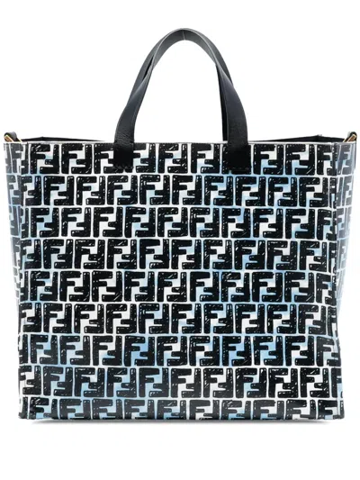 Pre-owned Fendi 2010-2025 Joshua Vides Zucca Coated Canvas Cloudy Shopper Satchel In Blue