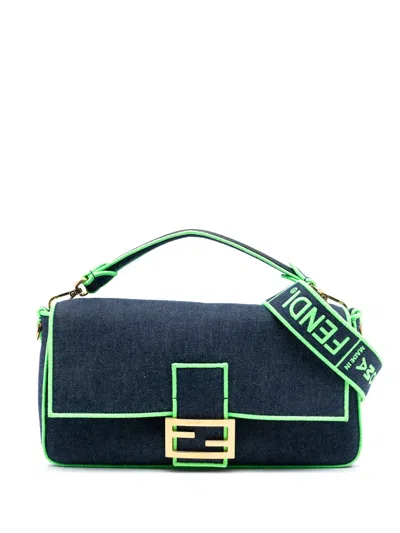 Pre-owned Fendi 2010-2025 Large Denim Baguette Satchel In Blue