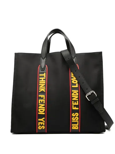 Pre-owned Fendi 2010-2025 Large Nylon Think  Yes Shopper Tote Satchel In Black
