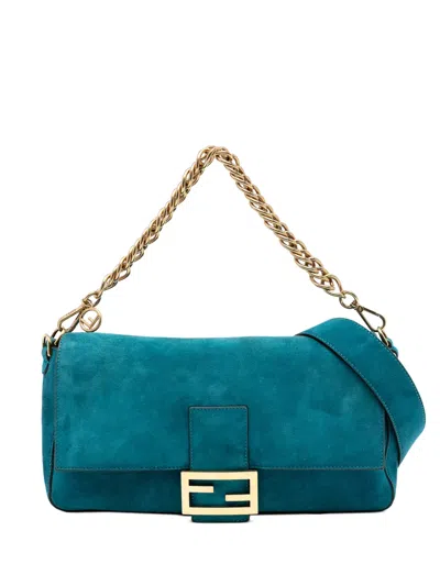 Pre-owned Fendi 2010-2025 Large Suede Chamois Baguette Satchel In Blue