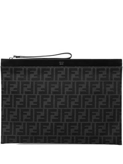 Pre-owned Fendi 2010-2025 Large Zucca Canvas Flat Pouch Clutch Bag In Black