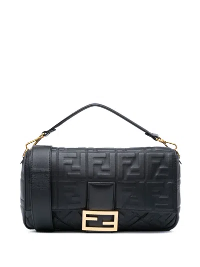 Pre-owned Fendi 2010-2025 Large Zucca Embossed Leather Baguette Satchel In Black