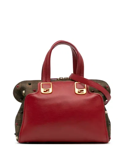 Pre-owned Fendi 2010-2025 Leather And Studded Canvas Colorblock Chameleon Satchel In Red