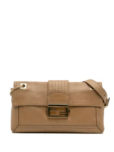 Pre-owned Fendi 2010-2025 Leather Baguette Chain Flap Crossbody Bag In Brown