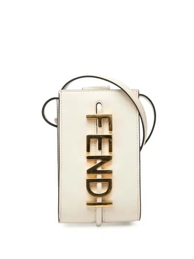 Pre-owned Fendi 2010-2025 Leather Graphy Phone Pouch Crossbody Bag In White