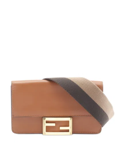 Pre-owned Fendi 2010-2025 Leather Flat Baguette Shoulder Bag In Brown