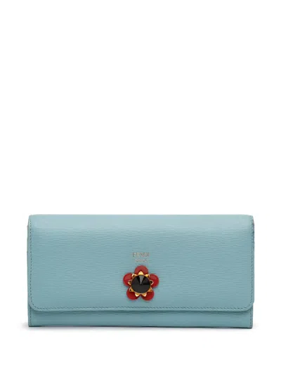 Pre-owned Fendi 2010-2025 Leather Flowerland Continental Wallet Long Wallets In Blue