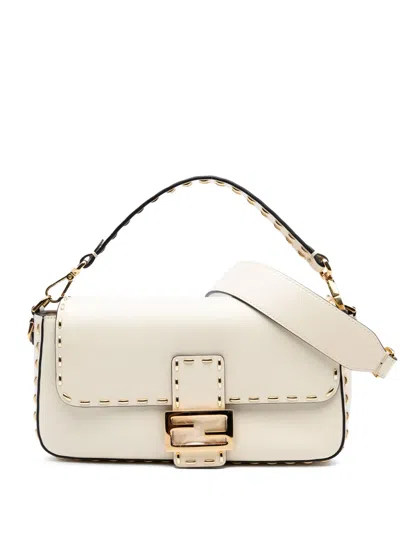 Pre-owned Fendi 2010-2025 Leather Metal Stitch Baguette Satchel In Brown