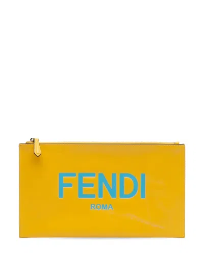 Pre-owned Fendi 2010-2025 Leather Roma Zip Clutch Bag In Yellow