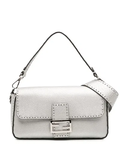 Pre-owned Fendi 2010-2025 Leather Selleria Baguette Satchel In Silver