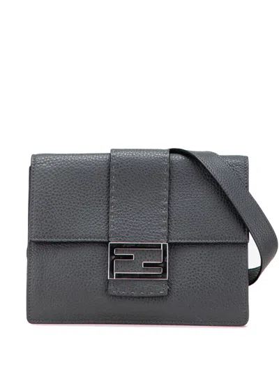 Pre-owned Fendi 2010-2025 Leather Selleria Flat Baguette Crossbody Bag In Gray