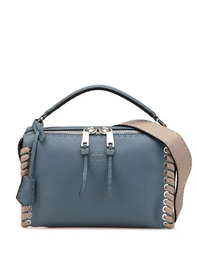 Pre-owned Fendi 2010-2025 Leather Selleria Lei Whipstitch Satchel In Blue