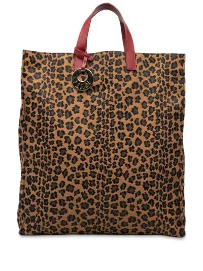 Pre-owned Fendi 2010-2025 Leopard Printed Canvas Shopping Tote Bag In Brown