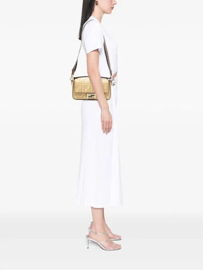 Pre-owned Fendi 2010-2025 Medium Embroidered Canvas Baguette Satchel In Brown