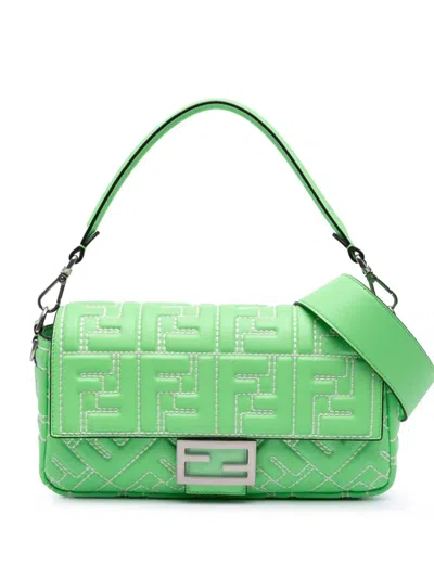 Pre-owned Fendi 2010-2025 Medium Leather Embossed Ff Baguette Satchel In Green
