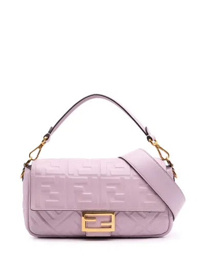 Pre-owned Fendi 2010-2025 Medium Leather Embossed Ff Baguette Satchel In Pink