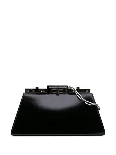 Pre-owned Fendi 2010-2025 Medium Leather Peekaboo Cut Chain Shoulder Bag In Black