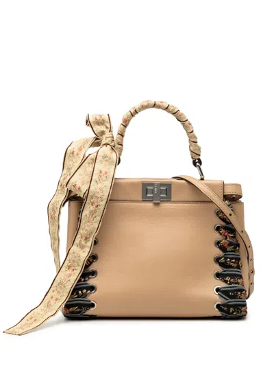 Pre-owned Fendi 2010-2025 Medium Leather Ribbon Whipstitch Peekaboo Satchel In Brown