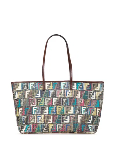 Pre-owned Fendi 2010-2025 Medium Multicolor Zucca Spalmati Roll Tote Bag In Brown