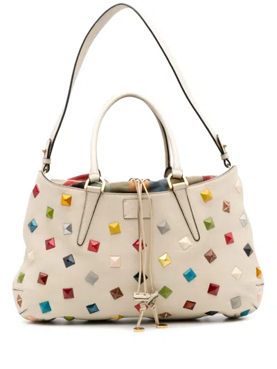 Pre-owned Fendi 2010-2025 Medium Studded Leather B Fab Drawstring Tote Satchel In White