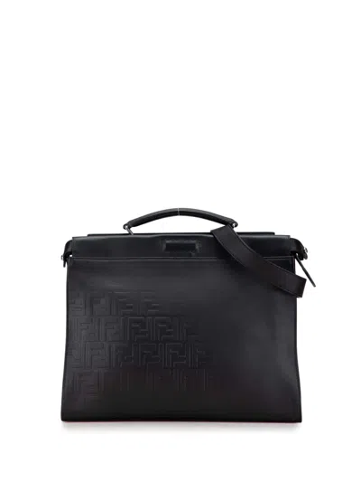Pre-owned Fendi 2010-2025 Medium Zucca Embossed Leather Peekaboo Iconic Business Bag In Black