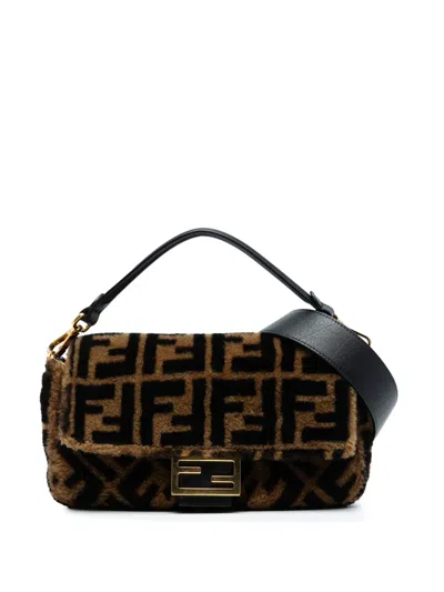 Pre-owned Fendi 2010-2025 Medium Zucca Shearling Baguette Satchel In Brown